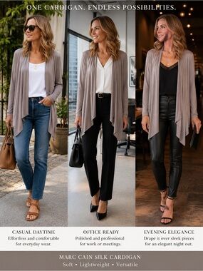 Marc Cain Taupe Silk Open Front Waterfall Cardigan XL 14 Designer Lightweight